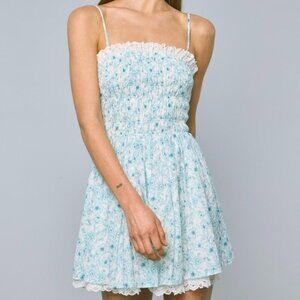 SEE THE WORLD BLUE LACE TRIM FLORAL MINI DRESS